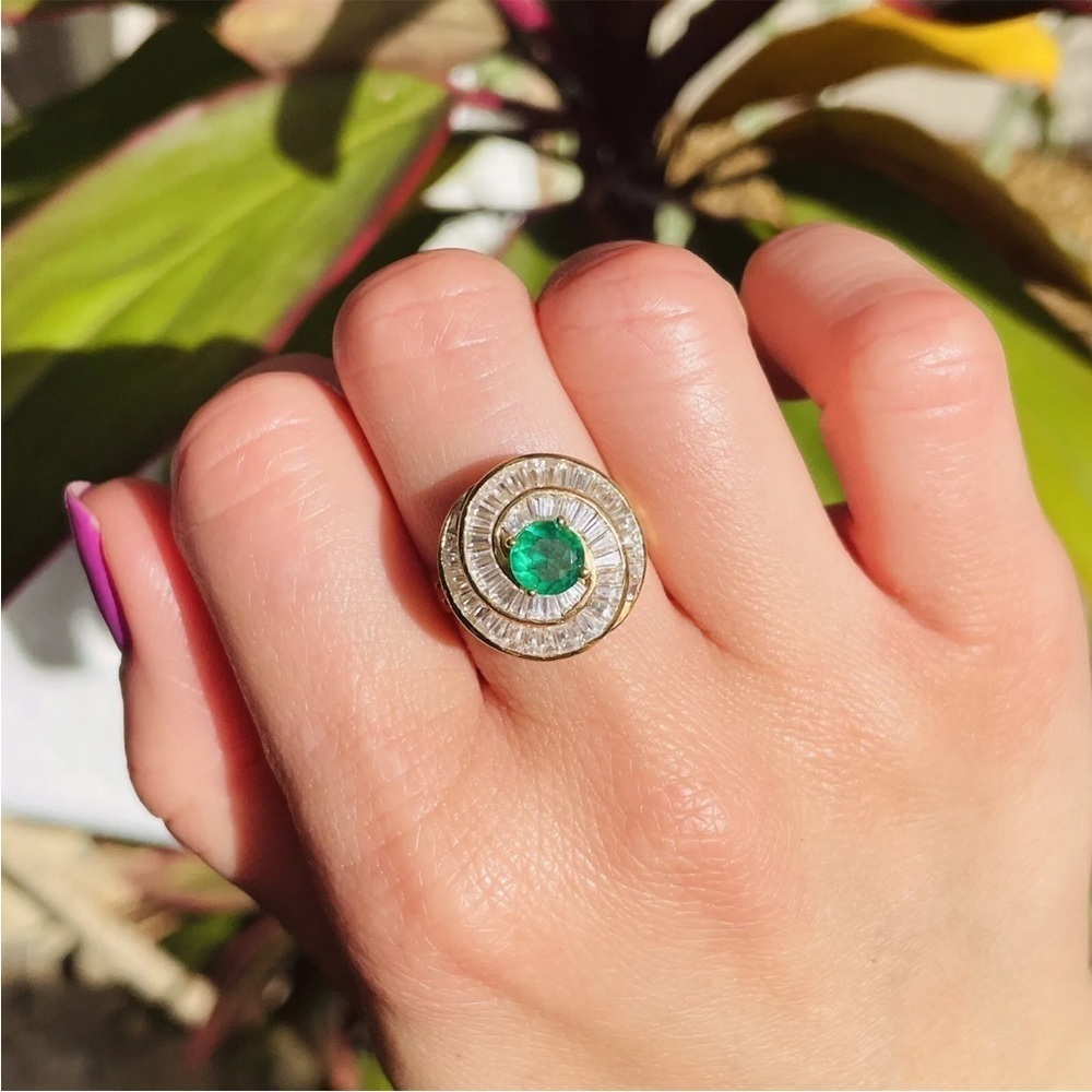 14k Gold Green Garnet Demantoid, CZ Art Deco Round Spiral Filigree Cockt… - Picture 3 of 10